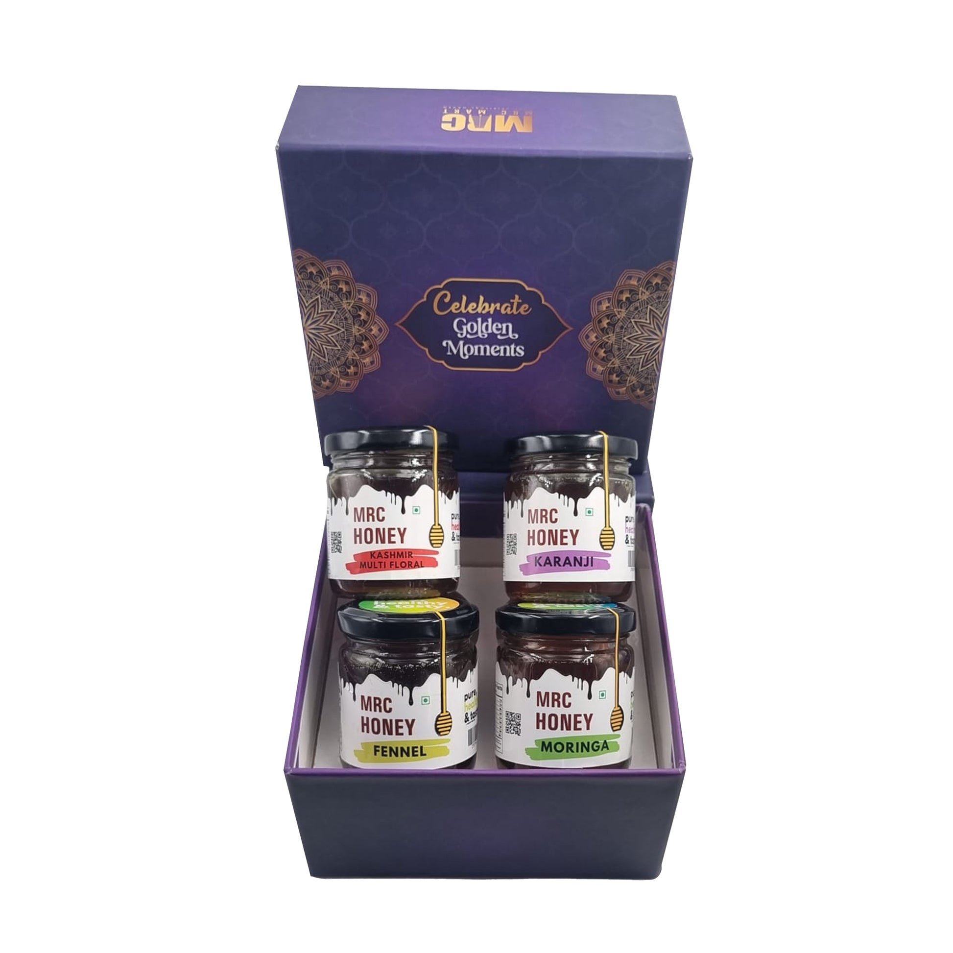 Set of honey jars in a decorative purple box with 'MRC Honey' branding.